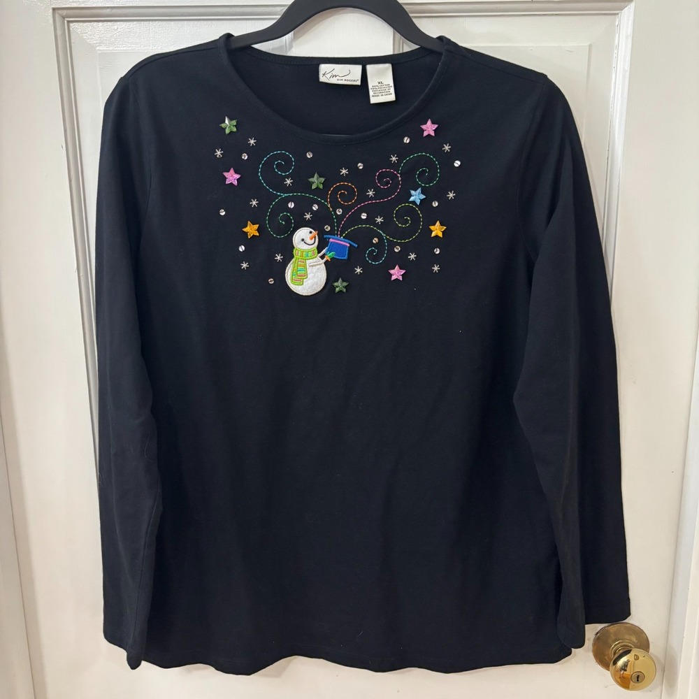 Embellished XL Snowman Winter Holiday Christmas Black Top‎ Shirt Kim Rogers
